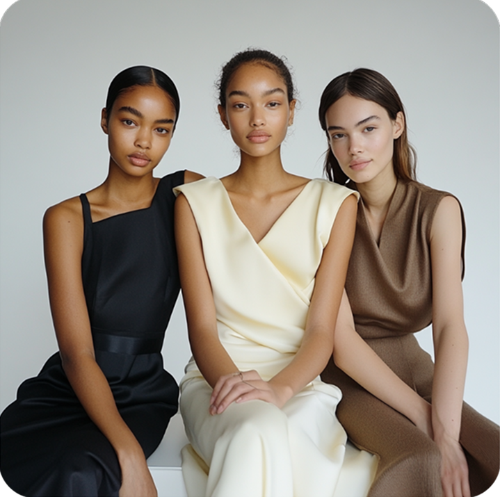 Diverse group of women modeling different colored dresses